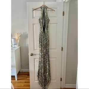 Mac Duggal Gold and Black Sequin Maxi Dress